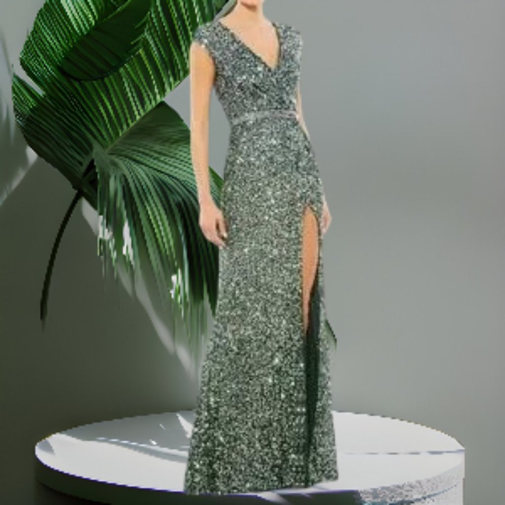 NWT Mac Duggal Forest Green Sequin Embellished Thigh-High Trumpet Gown MSRP $450 - Picture 1 of 8